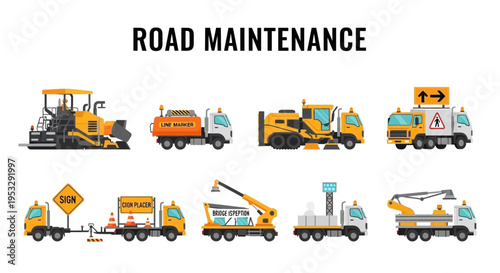 Illustration of eight distinct yellow and white road maintenance vehicles on a white background