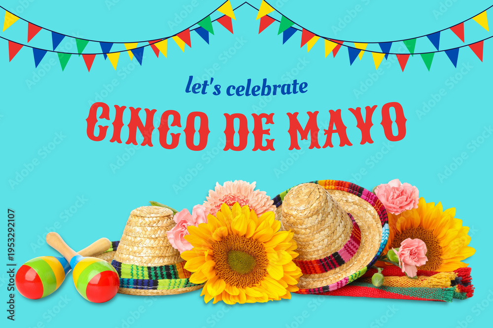 Fototapeta premium Cinco de Mayo, Festive display of sombreros and flowers