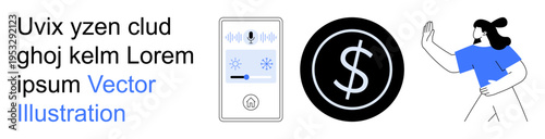 Smart homes, voice control, financial transactions, modern payment methods, digital devices, user engagement. A smart device, dollar symbol and a person interacting. Voice control and financial