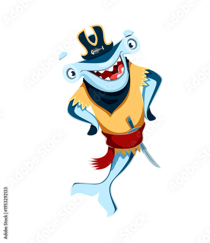 Cartoon hammerhead shark animal pirate vector character in yellow vest, red sash and black tricorn hat with skull. Funny smiling corsair shark marine predator personage carries a cutlass at its side