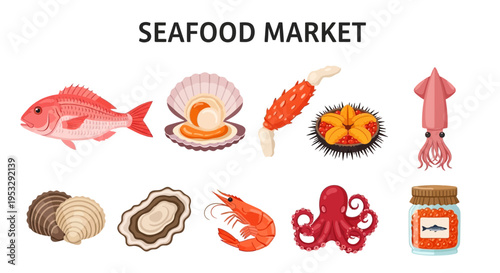 Illustration of various seafood items arranged under the text SEAFOOD MARKET