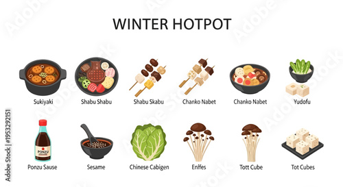 Illustration of various Japanese winter hot pot dishes and ingredients