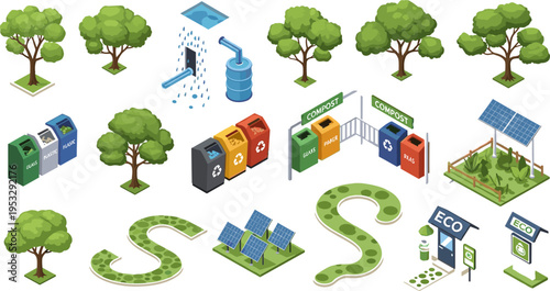 Eco-Friendly Urban Design Set Featuring Recycling Bins, Solar Panels, Water Collection Systems, and Green Spaces