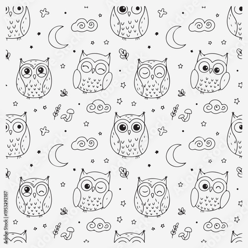 Owl and moon seamless pattern, Cute night owl repeat texture, Hand drawn forest bird background, Whimsical nocturnal animal pattern, Little owls and moon vector, Childlike forest bird pattern, Dreamy 
