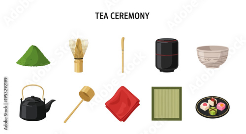 Ten Japanese tea ceremony implements and sweets arranged in two rows