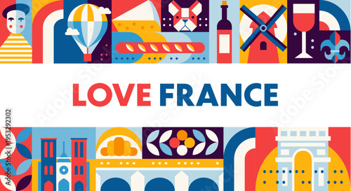 France travel banner with abstract geometric pattern. Vector iconic French cheese, air balloon, mime and French bulldog. Poster with wine, heraldry, croissant, cathedral, and triumphal arch for ads