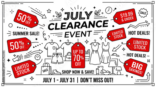 July Clearance Sale Event Banner with Clothing and Offers
