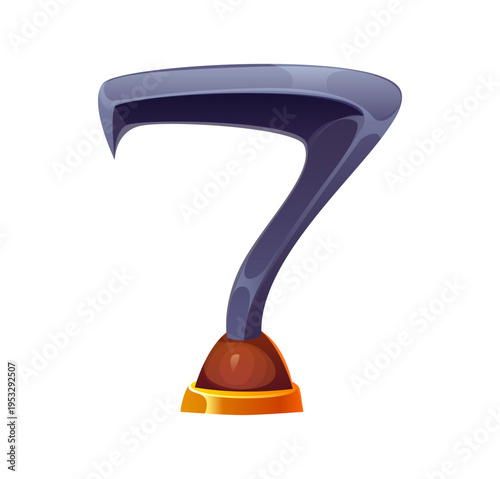 Cartoon number seven pirate font as metal hand hook. Vector Caribbean corsairs typeface digit 7 piracy alphabet type. Nautical fantasy abc numeral character for kids math learning and school education