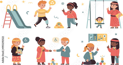 Inclusive Kids Playground Illustration Set with Diverse Children, Disability Awareness, Prosthetic Leg, Hearing Aid and Accessible Activities for Education and Social Inclusion Design