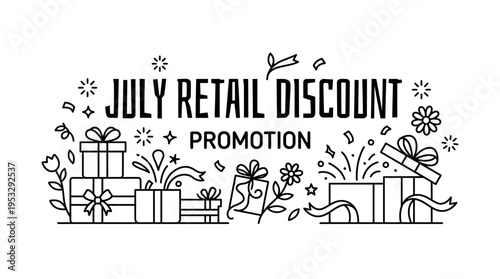 July Retail Discount Promotion Banner with Outline Gifts