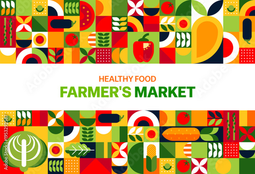 Farmer market poster with modern geometric vegetables pattern. Vector bright retro food background with veggie shapes, arranged in colorful grid. Seasonal farming, harvest, healthy lifestyle tile