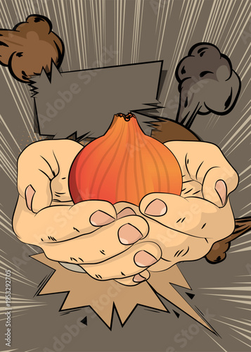 Cartoon, comic book human hands holding Onion. Retro vector comics pop art design.