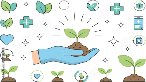 Hand holding plant with health and eco icons, sustainability and wellness concept illustration, green growth vector for environment and medical design
