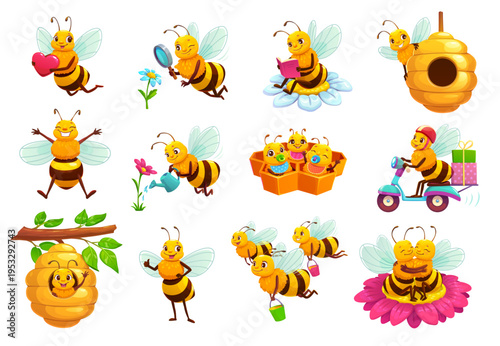 Cartoon cheerful honey bee characters of cute babies and workers honeybee personages set. Happy bee animal mascots collecting honey, watering flower and reading book, sitting in beehive and honeycomb