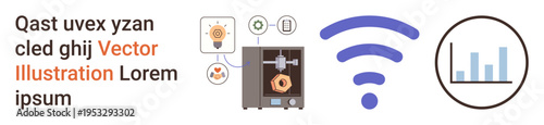 Technology integration, innovation, IoT, manufacturing, data analytics, wireless control. A 3D printer, connectivity symbol and bar chart. IoT and innovation