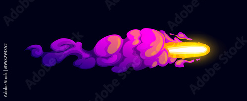 Game gun effect of blast shot from laser plasma blaster, cartoon vector energy fireball. Game gun VFX effect of plasma blast with fire flame bullet and purple smoke cloud trail of laser gun fast shoot