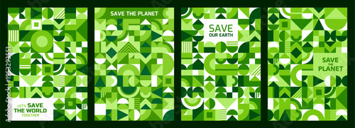 Save the Earth posters with geometric pattern and abstract natural elements. Vector ecology, sustainability and environment retro modern modular backgrounds with mosaic shapes in shades of green