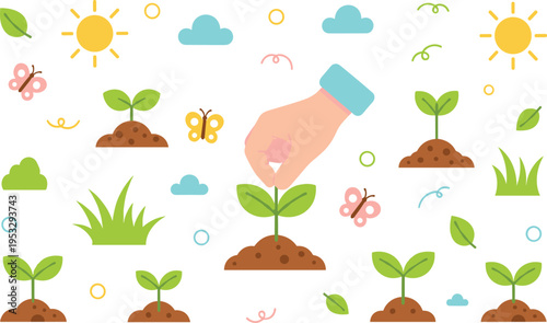 Plant growing stages with watering hand illustration, eco gardening concept set, young seedlings and nature elements vector for environmental design