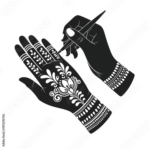 Intricate henna design being applied to a hand with a fine-tipped tool isolated on white background, Vector, illustration