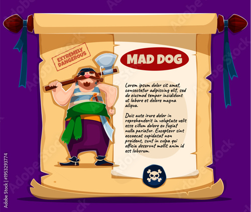 Pirate crew character on game options and history window interface, cartoon vector GUI template. Pirate corsair or boatswain sailor description or game character information list on old paper scroll