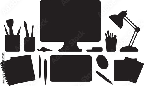 Black silhouette workstation computer monitor desk lamp