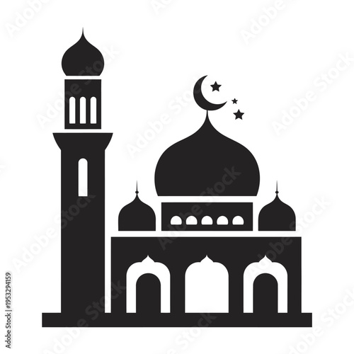 Silhouette of a mosque with a minaret and crescent moon symbol above the dome isolated on white background, Vector, illustration
