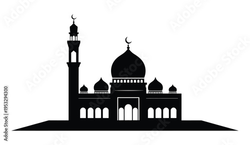Silhouette of a grand mosque with a prominent dome and minaret against a plain background isolated on white background, Vector, illustration