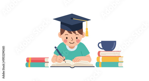 A young boy wearing a graduation cap sits at a desk, writing in a book surrounded by stacks of colorful books and a blue mug.