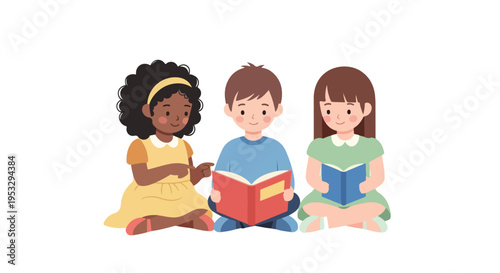 Three diverse children are sitting on the floor together, happily reading colorful books and engaging in a shared learning experience.