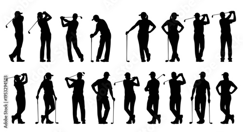 golf players silhouettes demonstrating diverse golf swings and stances ideal for sports and leisure concepts.