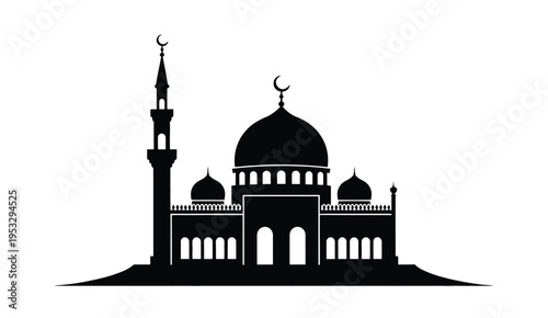 Silhouette of a mosque with twin minarets and a central dome against a plain background isolated on white background, Vector, illustration