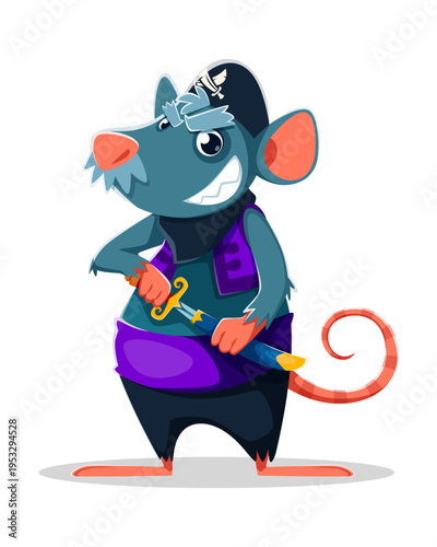 Cartoon rat animal pirate crew character. Vector mouse rodent captain and corsair sailor personage holds a cutlass. Mischievous rat rover standing confidently with a curled tail and sneaky grin