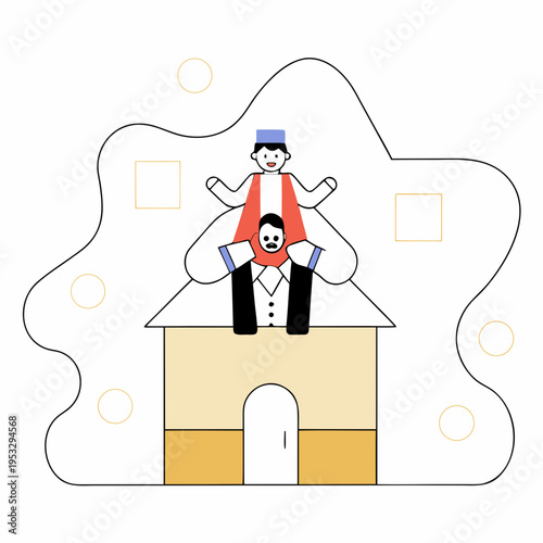 Hasidic father. An ultra-Orthodox Jew raises his little son on his shoulders. Upsherin celebration - a Jewish party before the boy's first haircut. Flat vector drawing of an isolated ... See More
