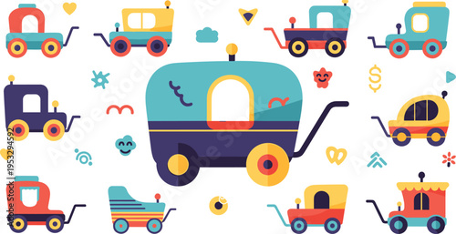 Cute toy train set with colorful cartoon locomotives and wagons, playful transport illustration collection for kids design and nursery decor