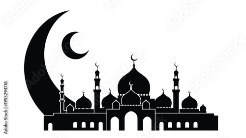 Silhouette of a mosque under a crescent moon at dusk isolated on white background, Vector, illustration