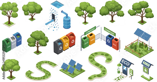 Eco-Friendly Urban Design Set Featuring Recycling Bins, Solar Panels, Water Collection Systems, and Green Spaces