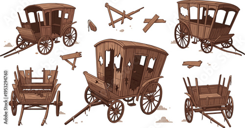 Old broken wooden wagon set with damaged carts and scattered parts, vintage rustic transport collection, abandoned carriage illustration for western and historical design