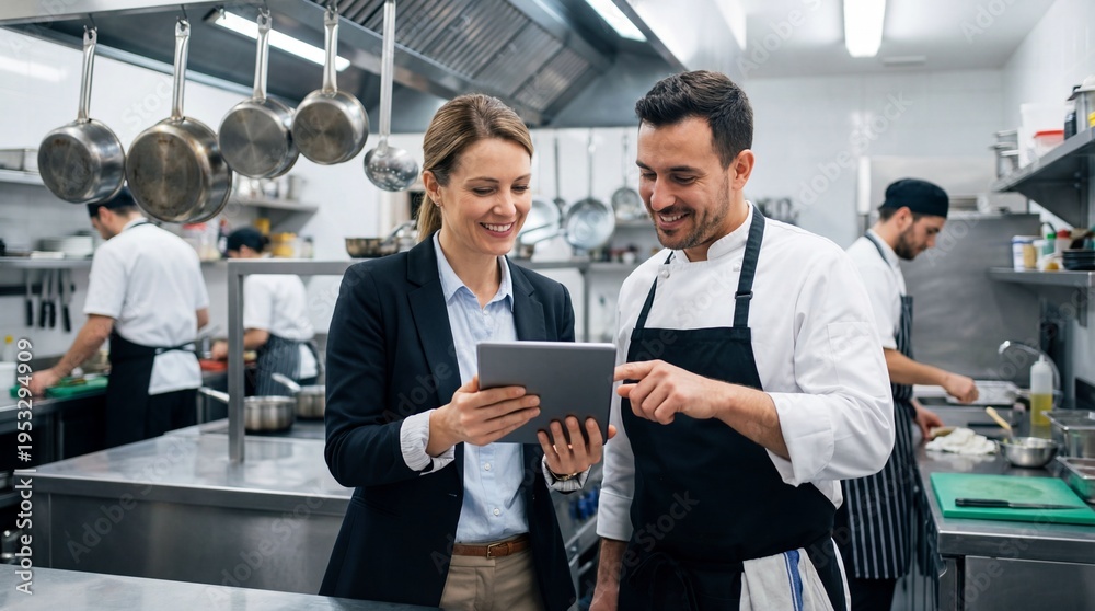 Fototapeta premium Culinary Collaboration: A chef and a manager engage in a discussion, sharing ideas and expertise in a professional kitchen setting, using a tablet to streamline the process.