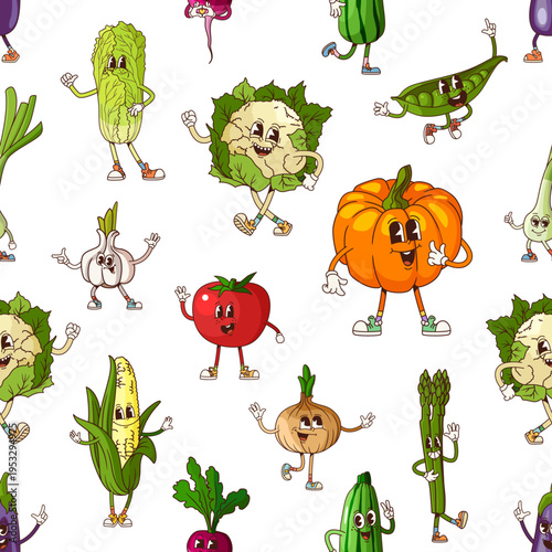 Groovy vegetables characters vector seamless pattern. Cute tomato, funny garlic, cauliflower, lettuce onion, green pea, zucchini, happy pumpkin and corn cob personages background