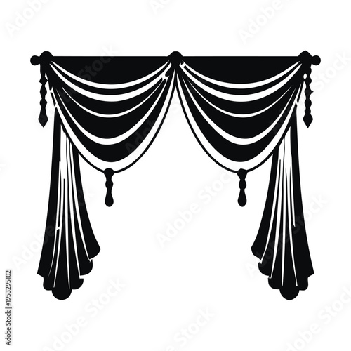 Elegant black curtains with decorative tassels hanging gracefully by a window. isolated on white background, Vector, illustration