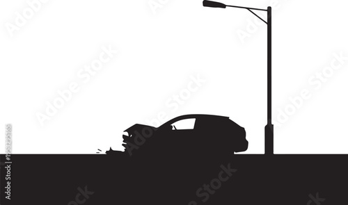 Crashed car silhouette under streetlight vehicle accident