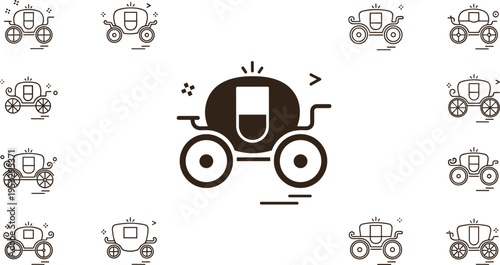 Minimal pumpkin carriage icon set with simple fairy tale coach symbols, elegant line art transport collection for logo and decorative design