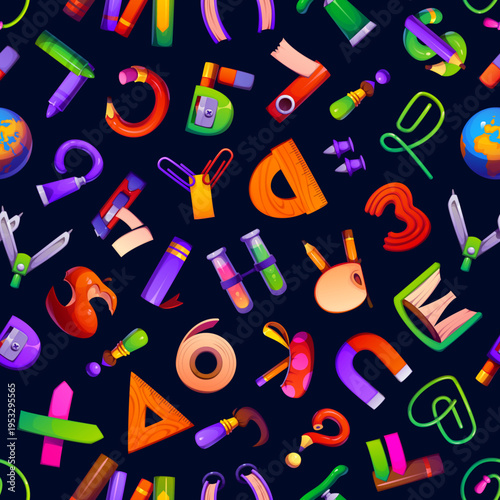 School education font or cartoon typeface seamless pattern of school stationery, vector background. Cartoon education font pattern of English alphabet letters in shape of school book, ruler and pencil