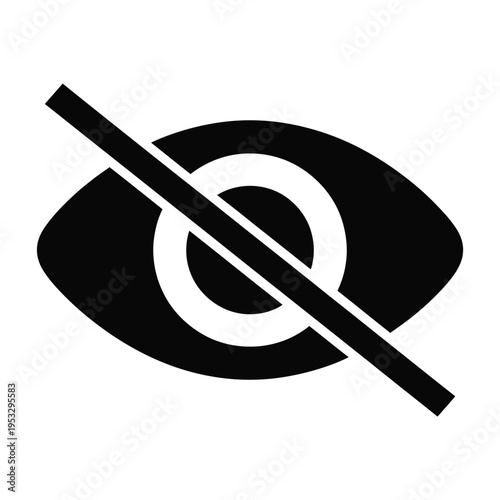 Black and white icon depicting a crossed-out eye symbolizing prohibition or restriction isolated on white background, Vector, illustration