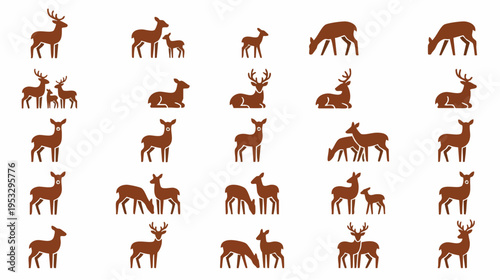 Collection of various deer silhouettes in standing and grazing poses