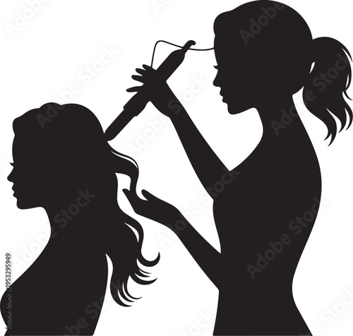 Silhouette of hairstylist curling woman's hair with curling iron