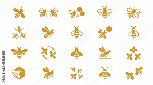 Collection of yellow bee icons showcasing various poses in a minimalist style