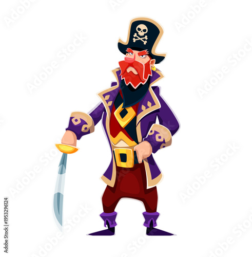 Cartoon pirate vector character. Red bearded corsair captain holds a sharp curved sword in right hand and stands with a confident, stern expression, wearing black hat with skull symbol and purple coat