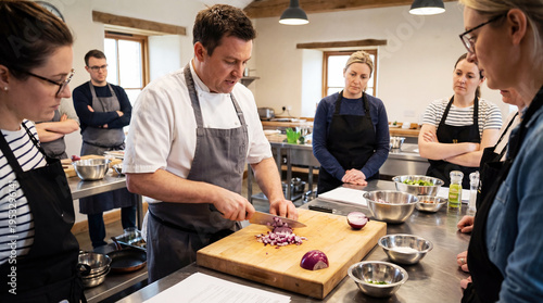 Culinary Expertise: A skilled chef demonstrates the art of food preparation in a bright, modern kitchen, leading a culinary workshop while attentive students observe, eager to learn.