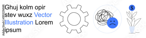Problem solving, mental health, financial planning, innovation, creativity, technical mechanisms. Gear, tangled thoughts with sad face plant with dollar icon. Problem solving and mental health